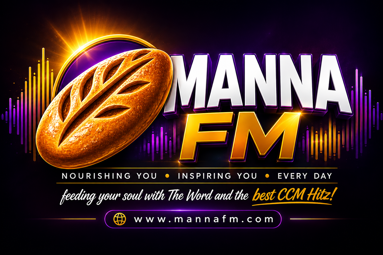 Manna FM Hero logo featuring a loaf of bread, purple and gold sound waves, and the words Nourishing You, Inspiring You, Every Day